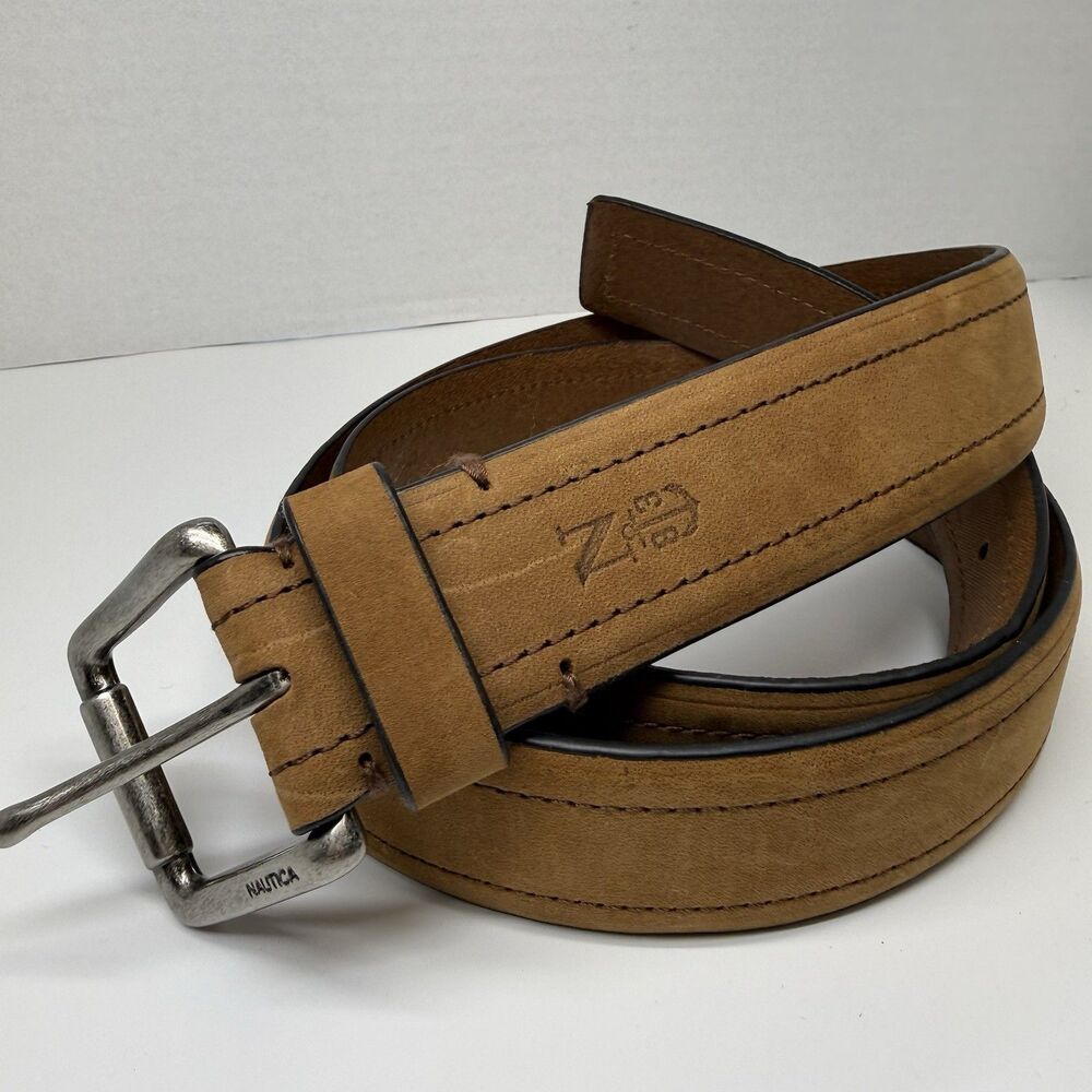 Nautica Men’s Nubuck Leather With Contrast Stitching Tan Belt Sz 38